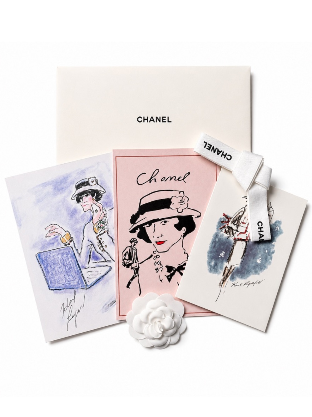 NEW - Auth Chanel Bundle: Logo Ribbon, Camellia Flower, Handbag COA and Card Set